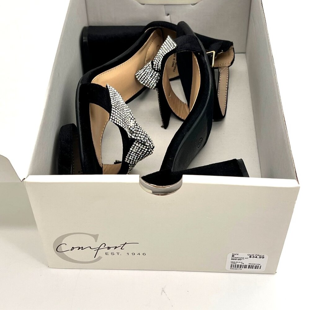 Comfort Black Velvet Ankle Strap Block Heels Womens Shoes Size 8 Rhinestone Bow - Picture 5 of 16